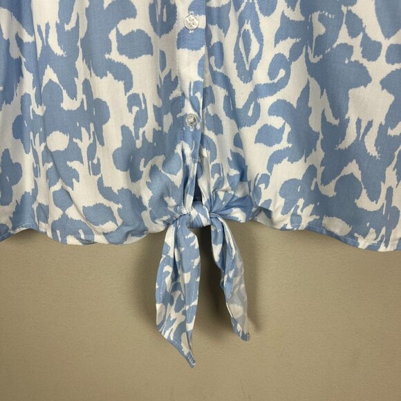 Laundry by Shelli Segal Top XL Blue Damask Crop Button Up Tie Hem 3/4 Dolman Sl - Picture 4 of 11